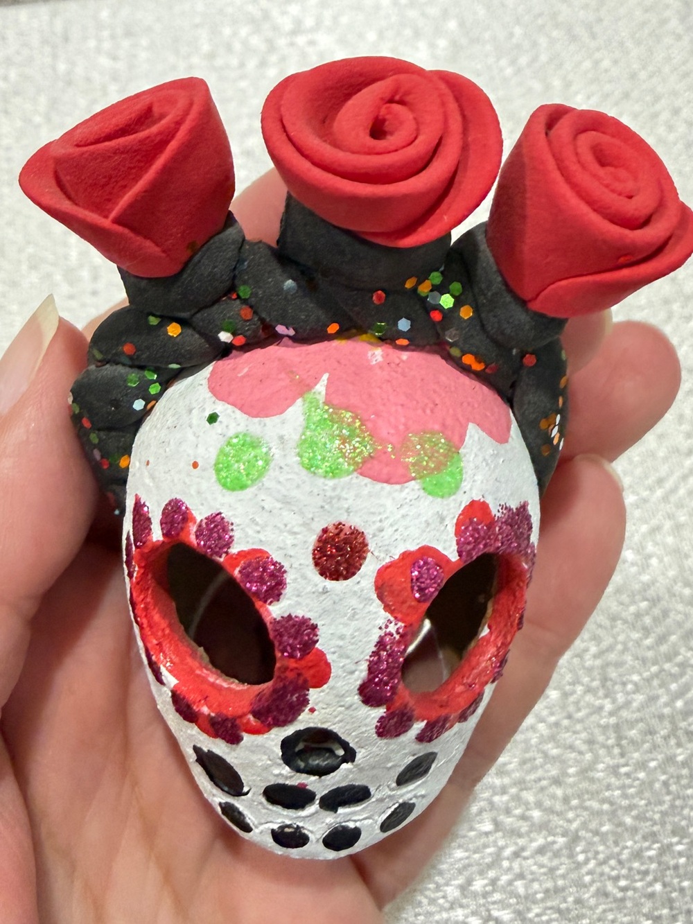 Handpainted Day of the Dead Sugar Skull with Red Rose Crown Mexico Decor - Picture 8 of 9